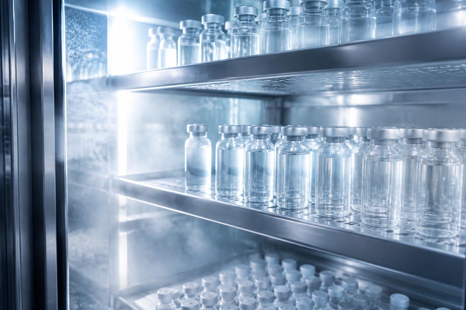 Prateleiras refrigeradas com frascos de vidro